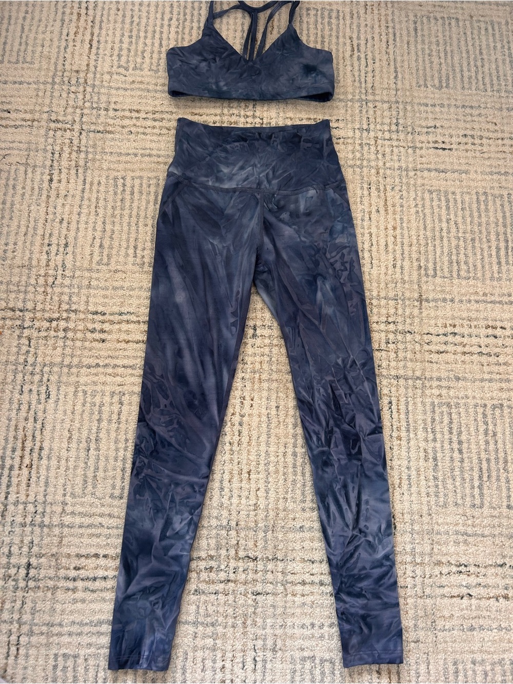 Beyond Yoga. Tie-Dye Navy Blue High-Waist Leggings & Strappy Sports Bra Set